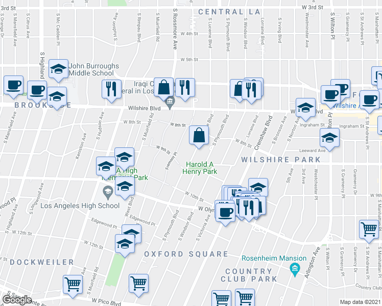map of restaurants, bars, coffee shops, grocery stores, and more near 853 South Lucerne Boulevard in Los Angeles