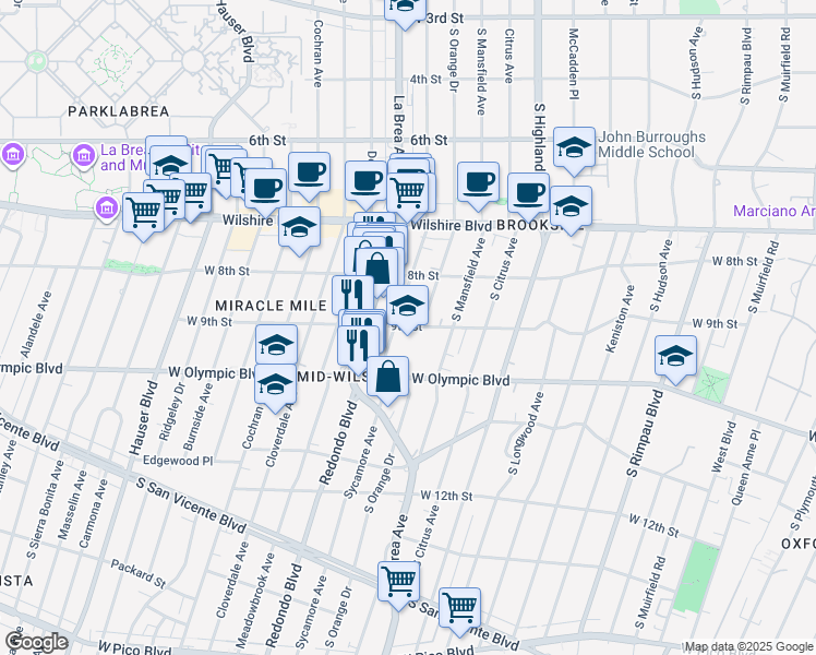 map of restaurants, bars, coffee shops, grocery stores, and more near 854 South Sycamore Avenue in Los Angeles