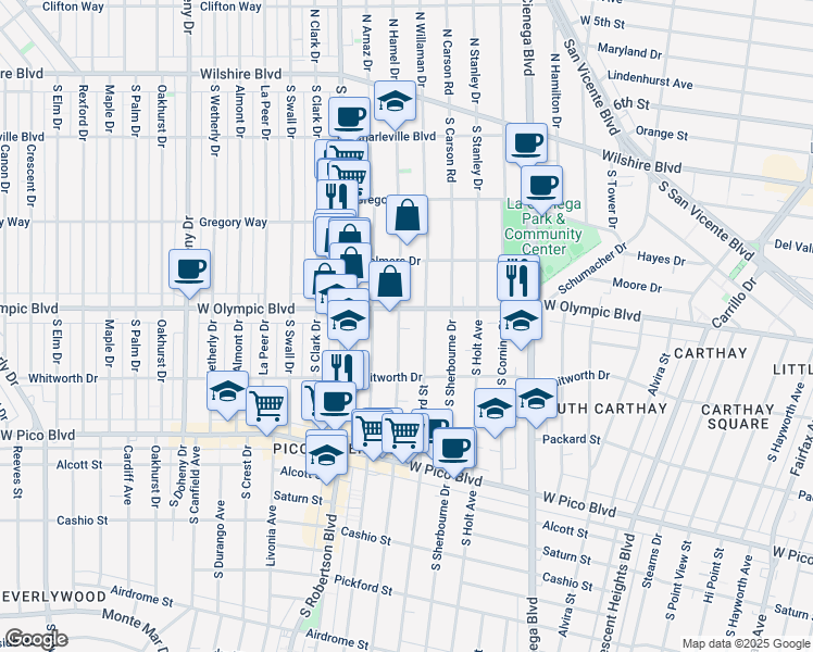 map of restaurants, bars, coffee shops, grocery stores, and more near 1007 South Shenandoah Street in Los Angeles