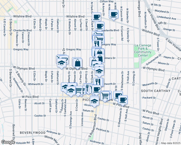 map of restaurants, bars, coffee shops, grocery stores, and more near 8822 West Olympic Boulevard in Beverly Hills