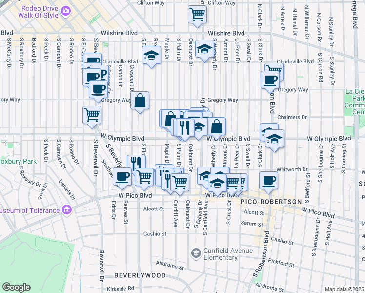 map of restaurants, bars, coffee shops, grocery stores, and more near 9200 West Olympic Boulevard in Beverly Hills