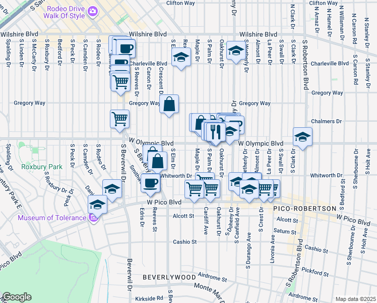 map of restaurants, bars, coffee shops, grocery stores, and more near in Beverly Hills