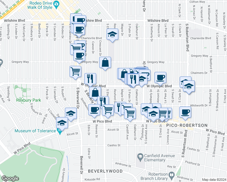 map of restaurants, bars, coffee shops, grocery stores, and more near in Beverly Hills