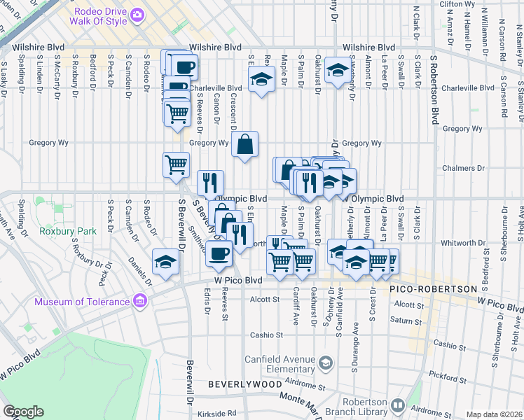 map of restaurants, bars, coffee shops, grocery stores, and more near in Beverly Hills