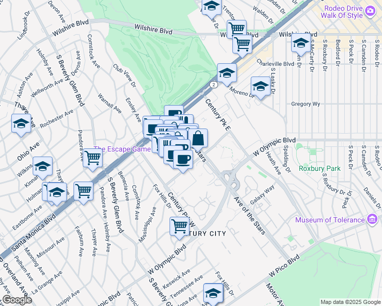 map of restaurants, bars, coffee shops, grocery stores, and more near 1999 Avenue of the Stars in Los Angeles