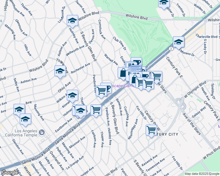 map of restaurants, bars, coffee shops, grocery stores, and more near 1725 Comstock Avenue in Los Angeles