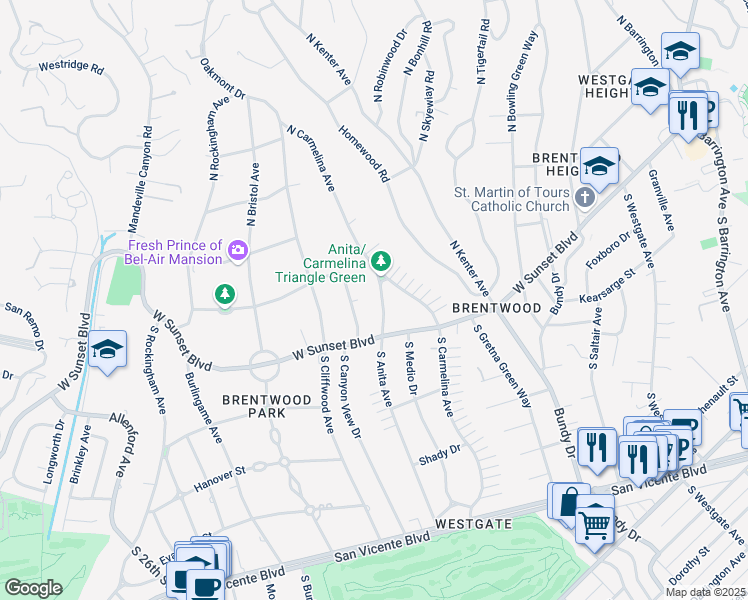 map of restaurants, bars, coffee shops, grocery stores, and more near 147 North Anita Avenue in Los Angeles