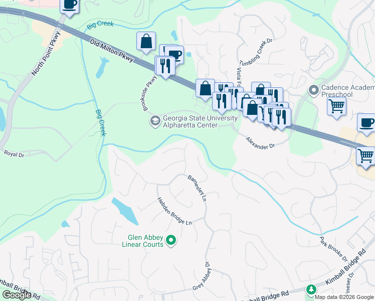 map of restaurants, bars, coffee shops, grocery stores, and more near 455 Garrick Point in Alpharetta