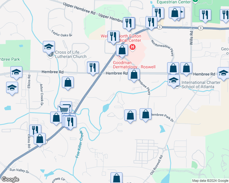 map of restaurants, bars, coffee shops, grocery stores, and more near 1209 Rosemont Parkway in Roswell