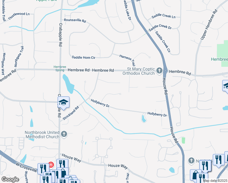 map of restaurants, bars, coffee shops, grocery stores, and more near 250 Hollyberry Lane in Roswell