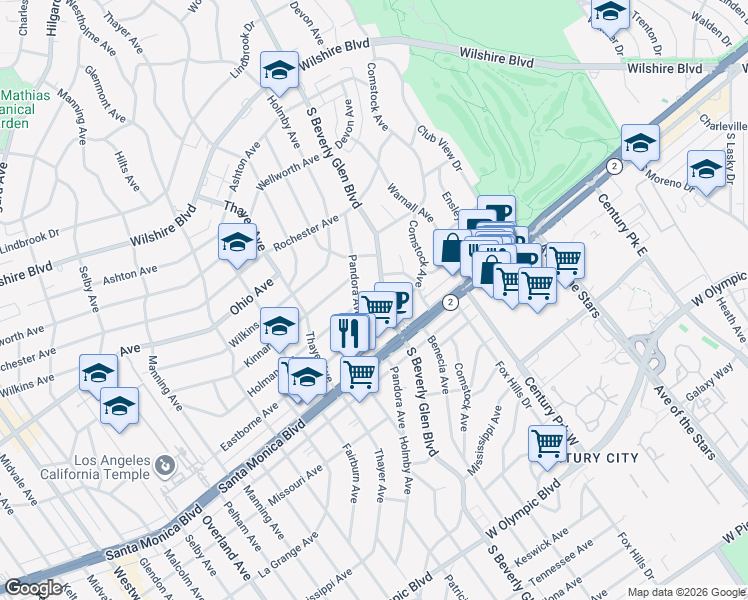 map of restaurants, bars, coffee shops, grocery stores, and more near 1635 South Beverly Glen Boulevard in Los Angeles
