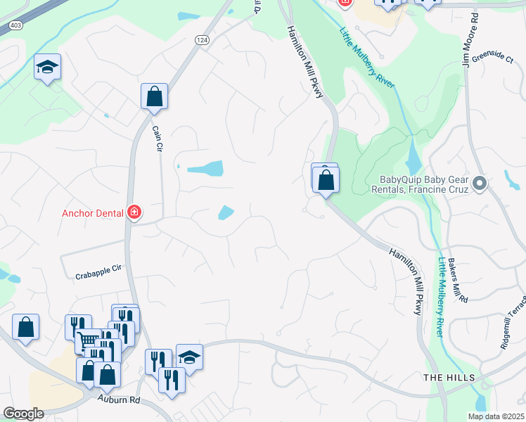 map of restaurants, bars, coffee shops, grocery stores, and more near 3150 Lakecrest Drive in Dacula