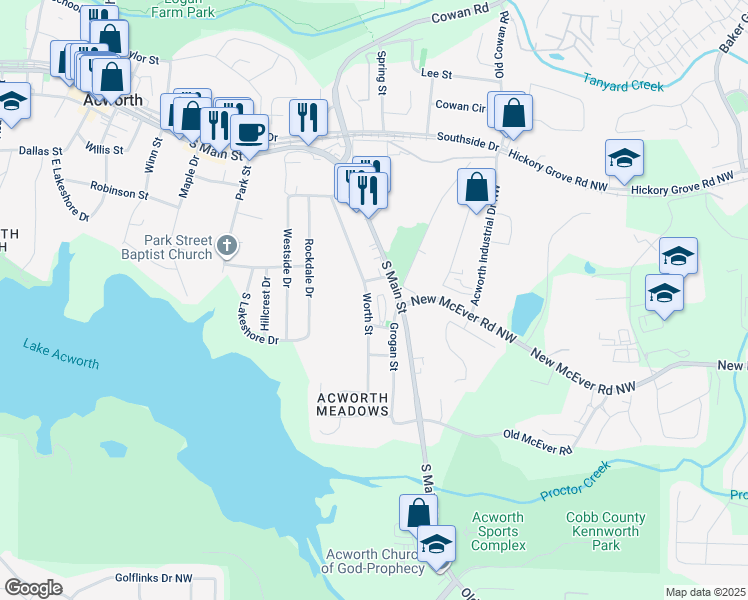 map of restaurants, bars, coffee shops, grocery stores, and more near 4282 Worth Street in Acworth
