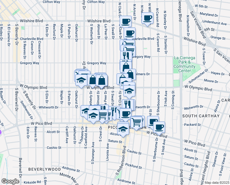 map of restaurants, bars, coffee shops, grocery stores, and more near 8906 West Olympic Boulevard in Beverly Hills