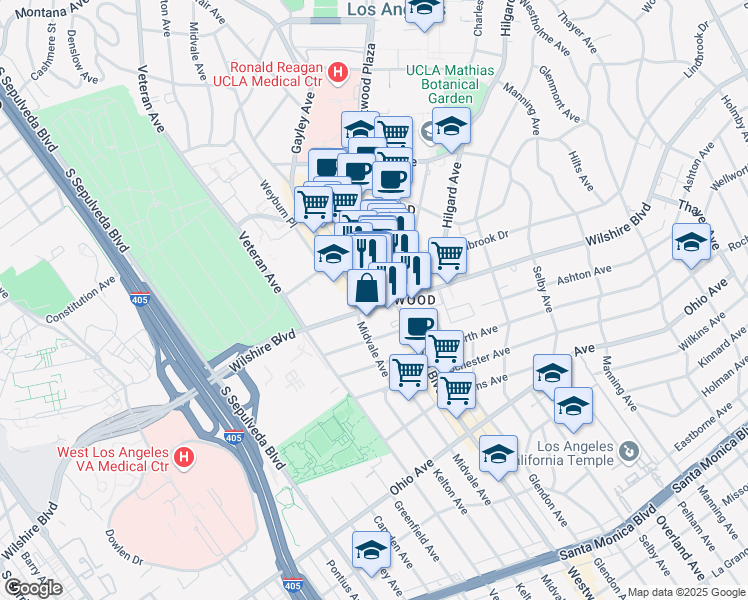 map of restaurants, bars, coffee shops, grocery stores, and more near 10921 Wilshire Boulevard in Los Angeles