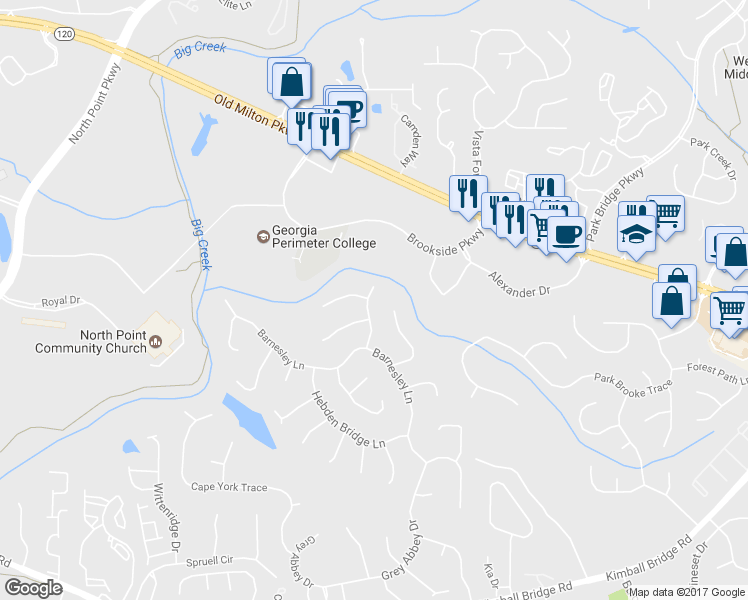 map of restaurants, bars, coffee shops, grocery stores, and more near 455 Garrick Point in Alpharetta