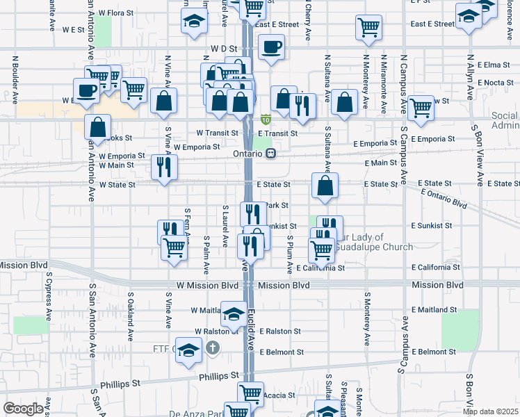 map of restaurants, bars, coffee shops, grocery stores, and more near 431 South Euclid Avenue in Ontario