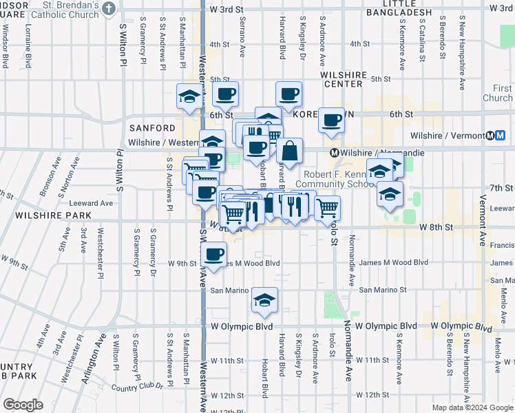 map of restaurants, bars, coffee shops, grocery stores, and more near 720 South Hobart Boulevard in Los Angeles