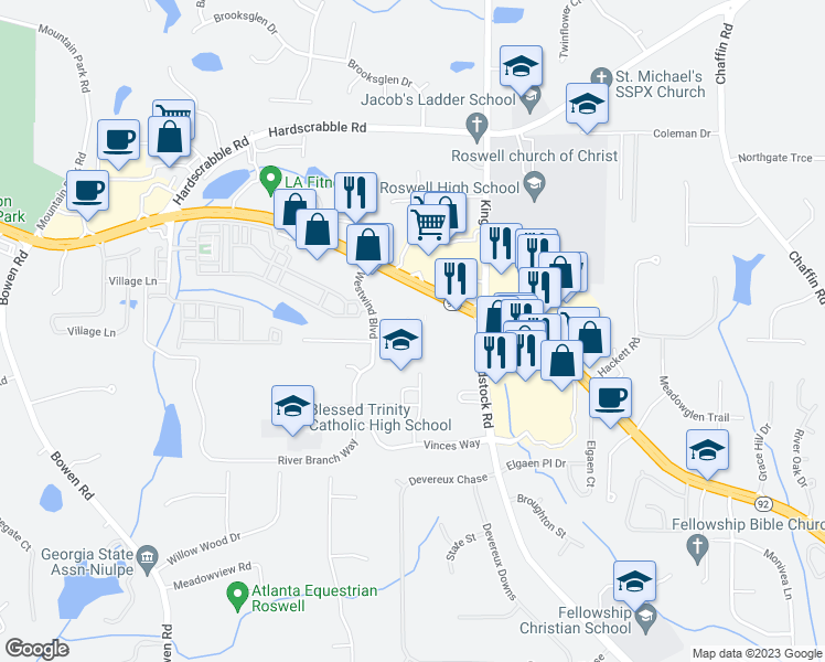 map of restaurants, bars, coffee shops, grocery stores, and more near 870 Woodstock Road in Roswell