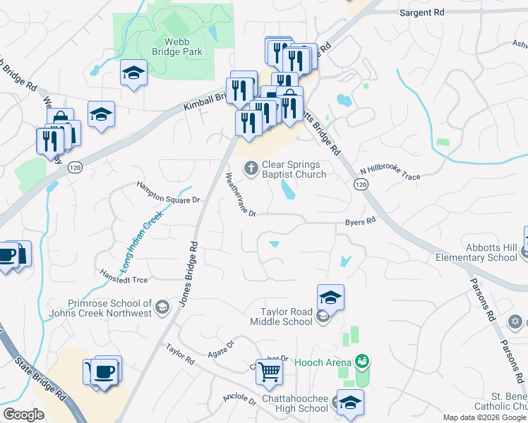 map of restaurants, bars, coffee shops, grocery stores, and more near 5028 Weathervane Drive in Alpharetta