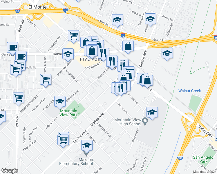 map of restaurants, bars, coffee shops, grocery stores, and more near 2919 3/4 Maxson Road in El Monte