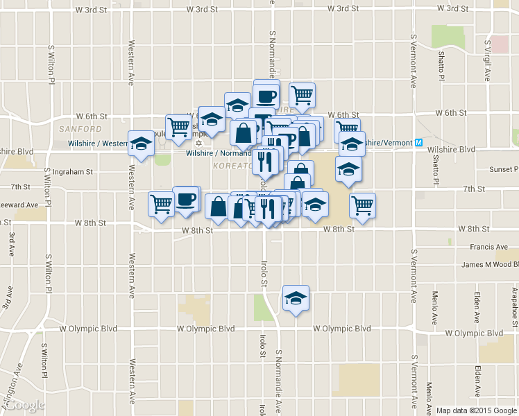 map of restaurants, bars, coffee shops, grocery stores, and more near 731 Irolo Street in Los Angeles
