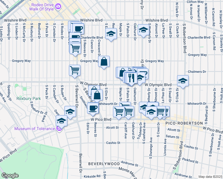 map of restaurants, bars, coffee shops, grocery stores, and more near 9248 West Olympic Boulevard in Beverly Hills
