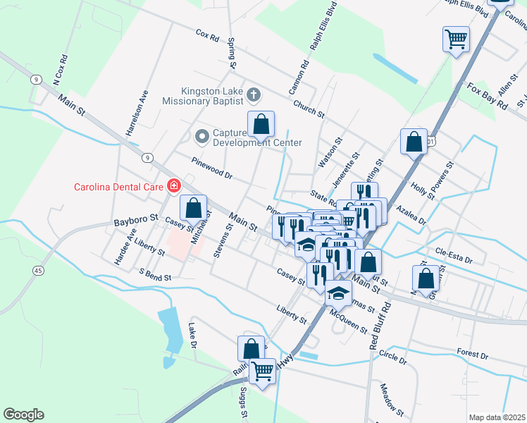 map of restaurants, bars, coffee shops, grocery stores, and more near 3608 Pinewood Drive in Loris