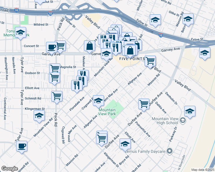 map of restaurants, bars, coffee shops, grocery stores, and more near 2720 Cogswell Road in El Monte