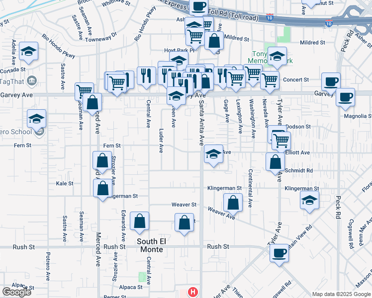 map of restaurants, bars, coffee shops, grocery stores, and more near 10427 Fern Street in El Monte
