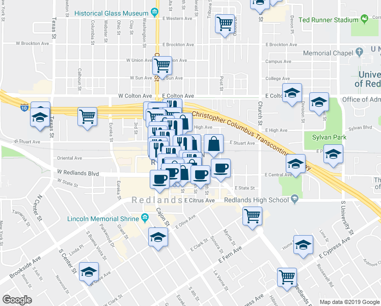 map of restaurants, bars, coffee shops, grocery stores, and more near 340 6th Street in Redlands