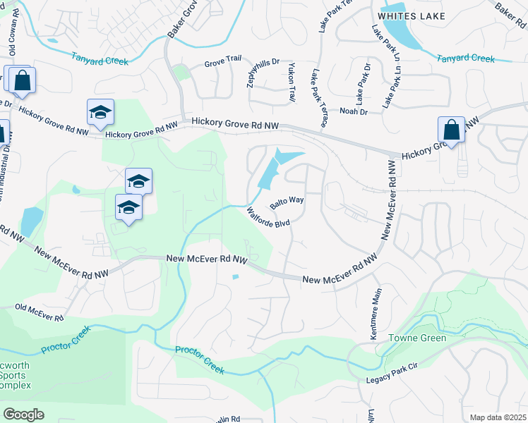 map of restaurants, bars, coffee shops, grocery stores, and more near 4461 Kentland Drive in Acworth
