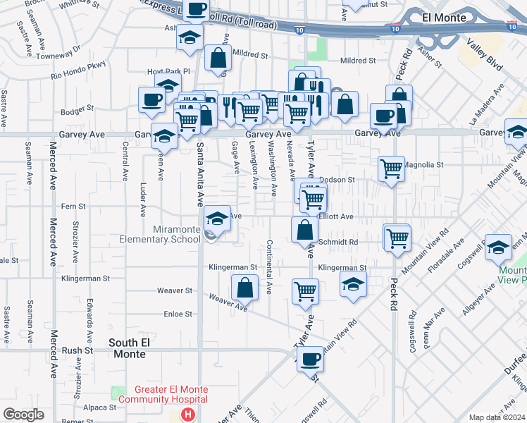 map of restaurants, bars, coffee shops, grocery stores, and more near 10813 Elliott Avenue in El Monte