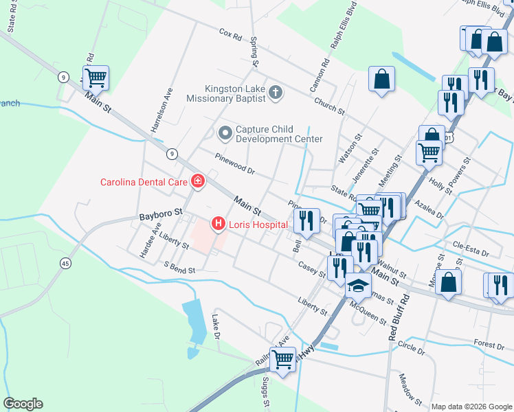 map of restaurants, bars, coffee shops, grocery stores, and more near 4165 Stevens Street in Loris