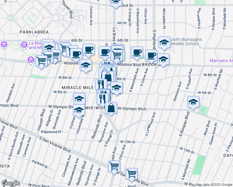 map of restaurants, bars, coffee shops, grocery stores, and more near 5247 West 9th Street in Los Angeles