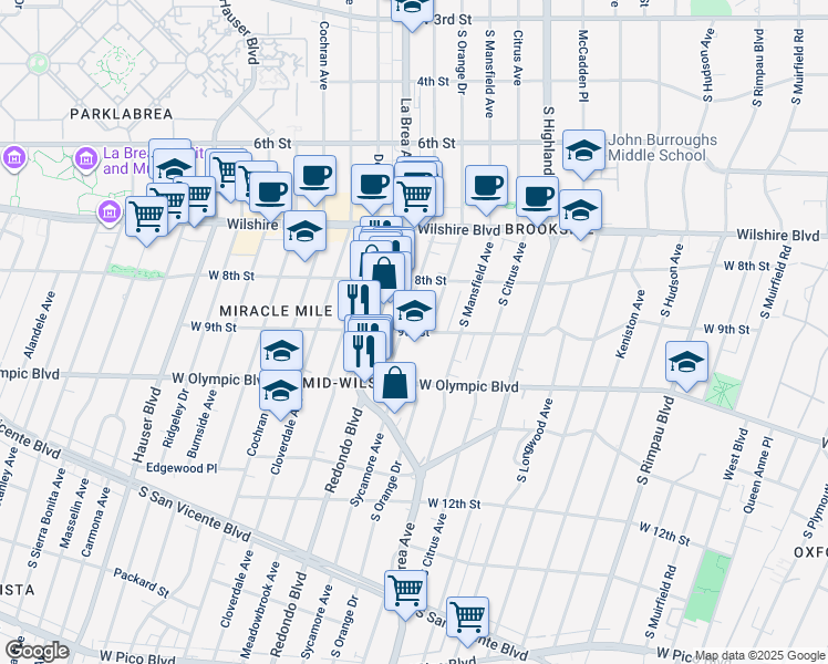 map of restaurants, bars, coffee shops, grocery stores, and more near 5247 West 9th Street in Los Angeles