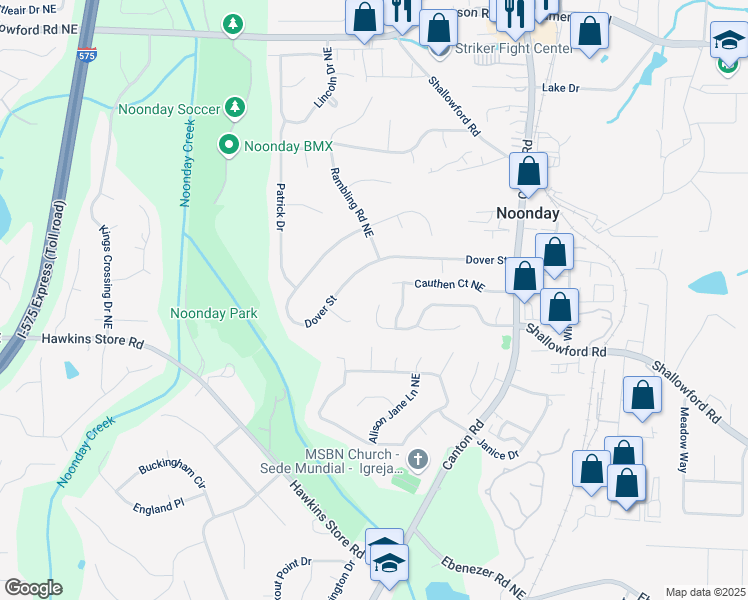 map of restaurants, bars, coffee shops, grocery stores, and more near 850 Highland Terrace in Marietta