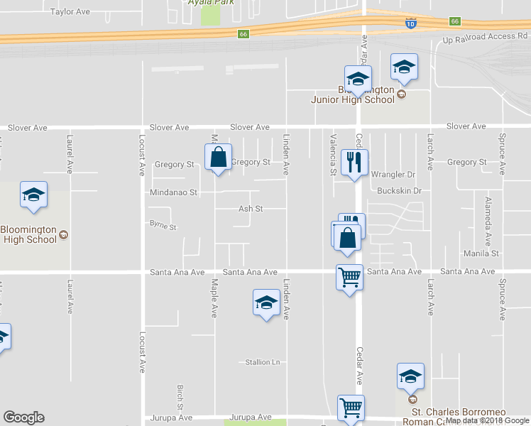 map of restaurants, bars, coffee shops, grocery stores, and more near 18435 Ash Street in Bloomington
