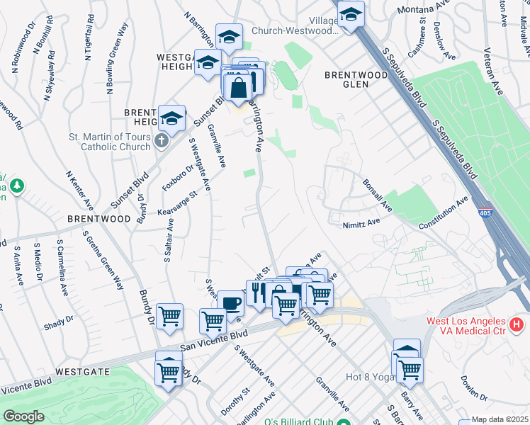 map of restaurants, bars, coffee shops, grocery stores, and more near 530 South Barrington Avenue in Los Angeles