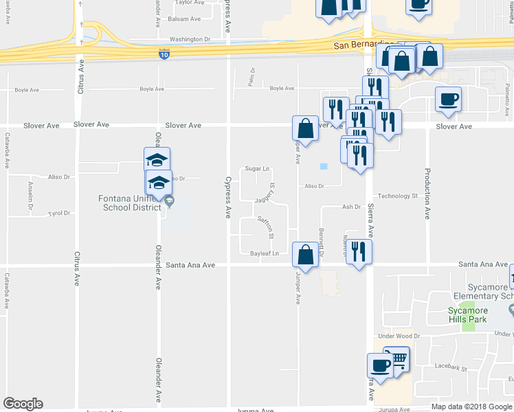 map of restaurants, bars, coffee shops, grocery stores, and more near 10723 Jaggery Street in Fontana