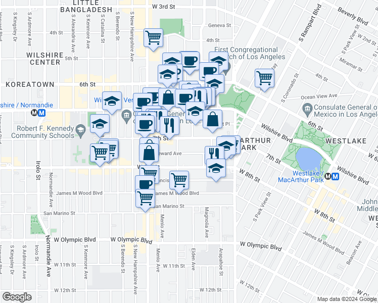 map of restaurants, bars, coffee shops, grocery stores, and more near in Los Angeles