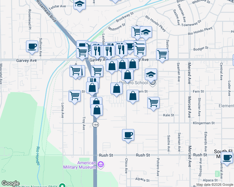 map of restaurants, bars, coffee shops, grocery stores, and more near 2543 Dorris Street in South El Monte