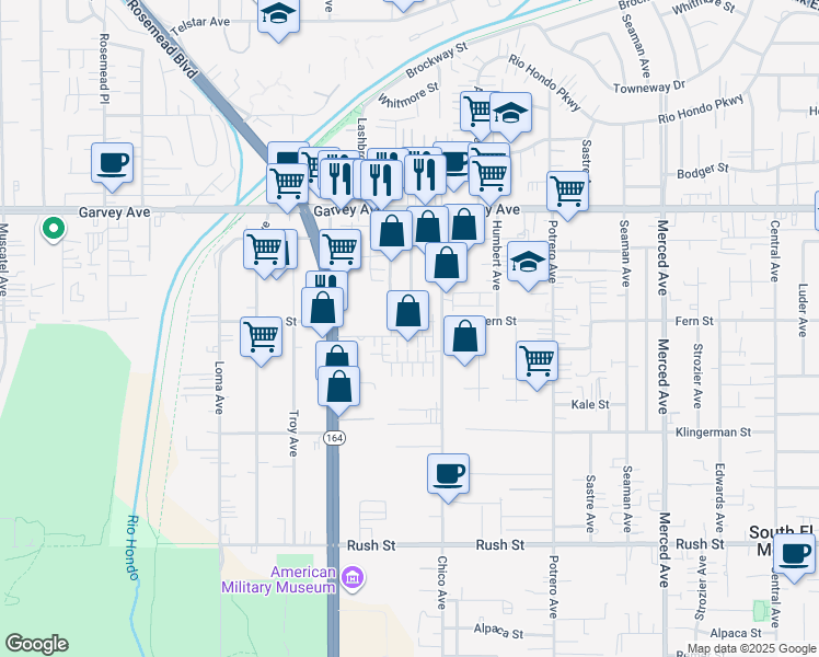 map of restaurants, bars, coffee shops, grocery stores, and more near 2543 Dorris Street in South El Monte