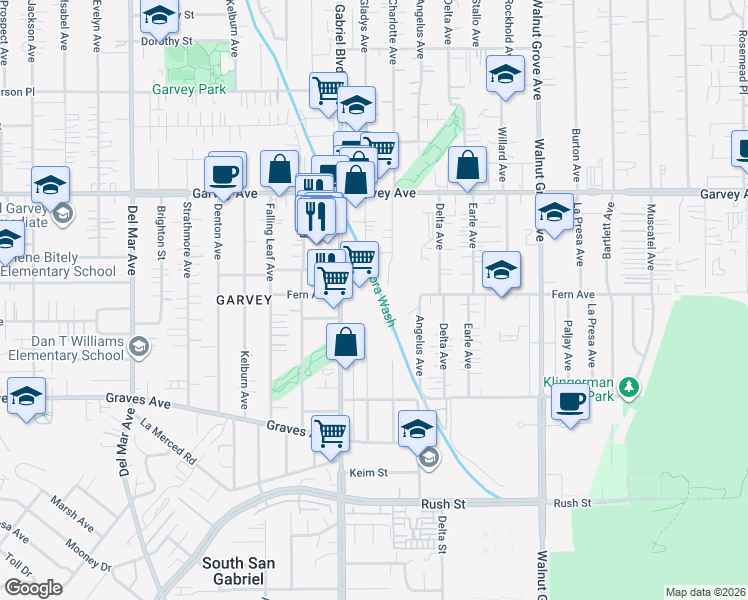 map of restaurants, bars, coffee shops, grocery stores, and more near 2542 San Gabriel Boulevard in Rosemead