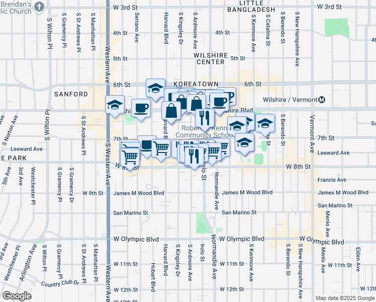 map of restaurants, bars, coffee shops, grocery stores, and more near 729 South Ardmore Avenue in Los Angeles