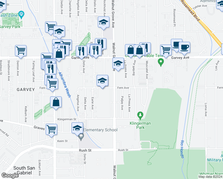 map of restaurants, bars, coffee shops, grocery stores, and more near 2559 Walnut Grove Avenue in Rosemead