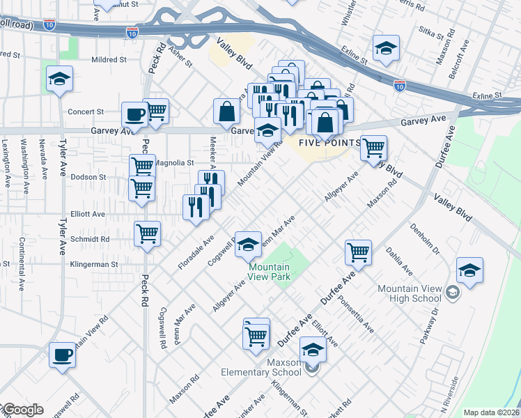 map of restaurants, bars, coffee shops, grocery stores, and more near 2720 Cogswell Road in El Monte