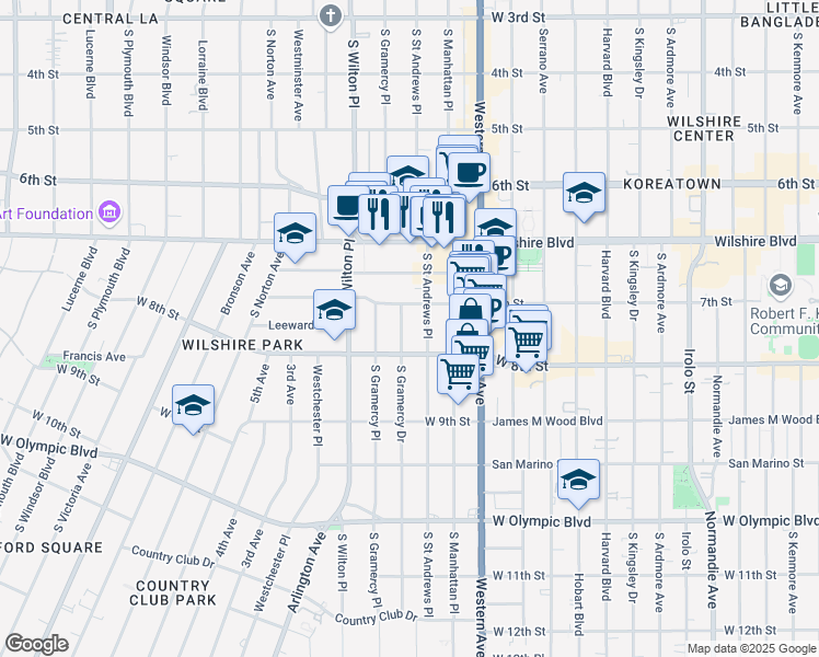 map of restaurants, bars, coffee shops, grocery stores, and more near 724 Gramercy Drive in Los Angeles