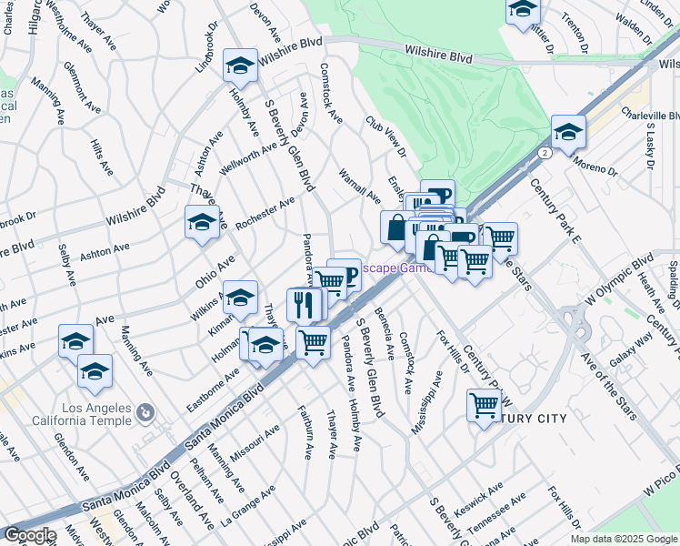 map of restaurants, bars, coffee shops, grocery stores, and more near 1636 South Beverly Glen Boulevard in Los Angeles