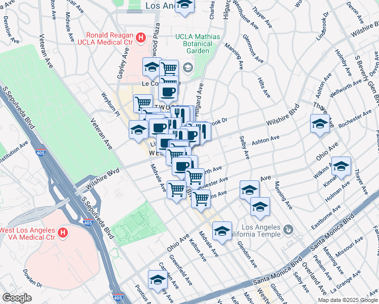 map of restaurants, bars, coffee shops, grocery stores, and more near 10850 Wilshire Boulevard in Los Angeles